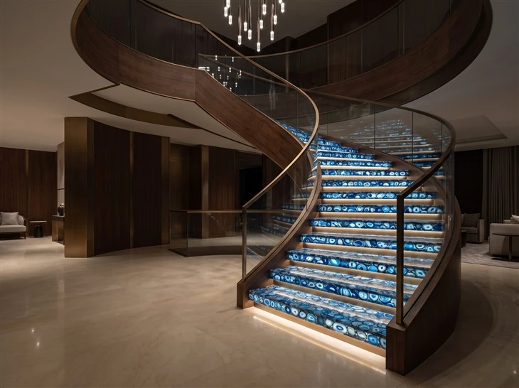 Blue Agate semi-precious stone backlit staircase treads with curved wood sides and glass railings in a luxury custom home
