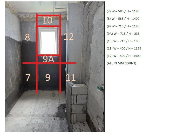 Client design concept showing numbered Green Onyx wall tile positions and dimensions around a bathroom window.